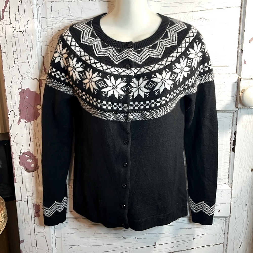 TALBOTS B&W Cardigan Sweater Botton Front Crew Neck Cotton Bl ➡️17”⬇️22” Approx